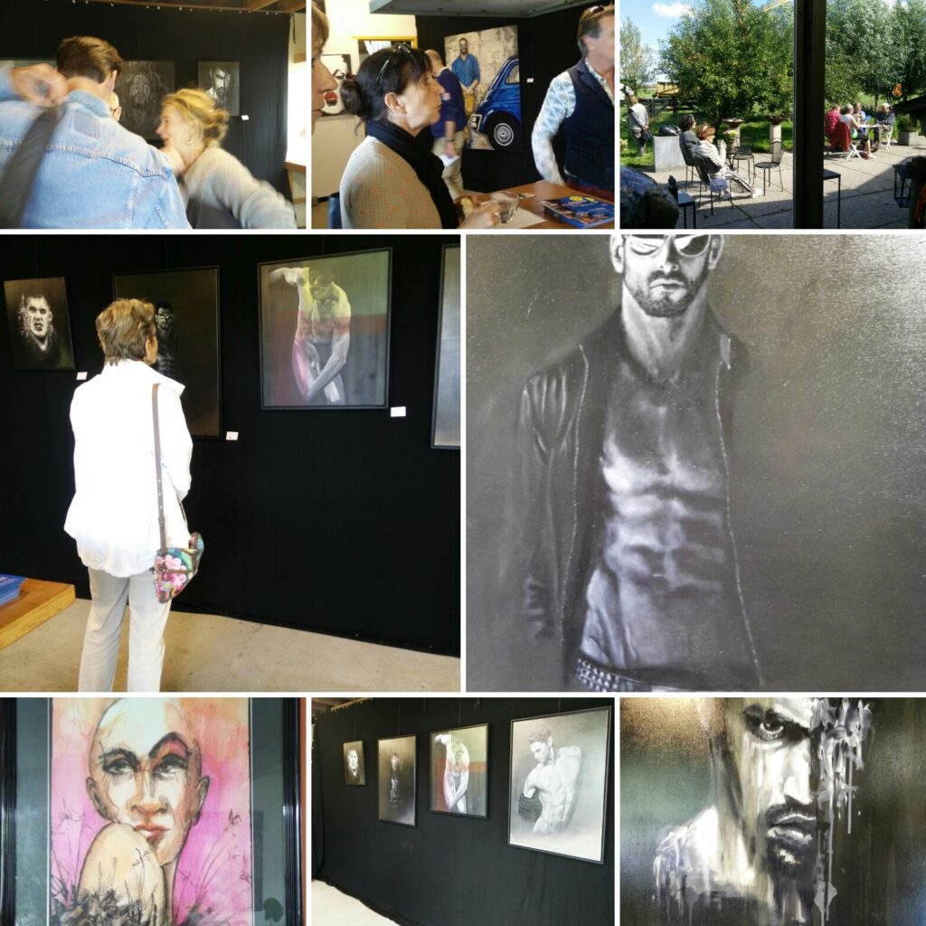 Collage van kunstexpositie met bezoekers, figuratieve schilderijen en portretkunst tijdens een kunstroute in Nederland.