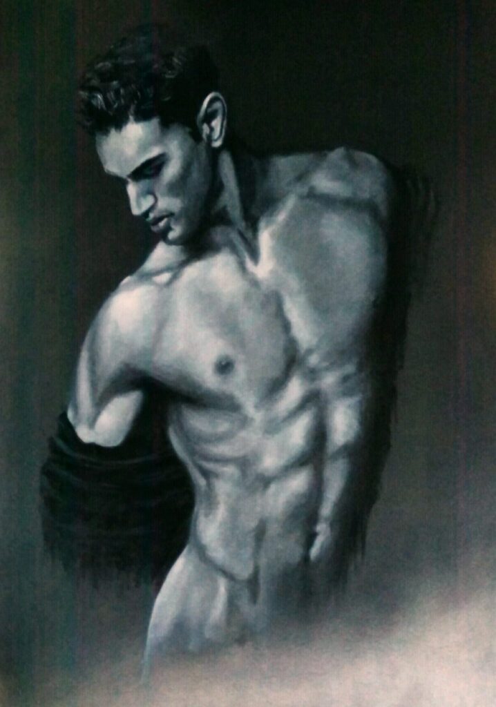 schilderij  in monochrome zwart wi tinten van een man in ontbloot bovenlijf die vervaagt in een zwart rose achtergrond 