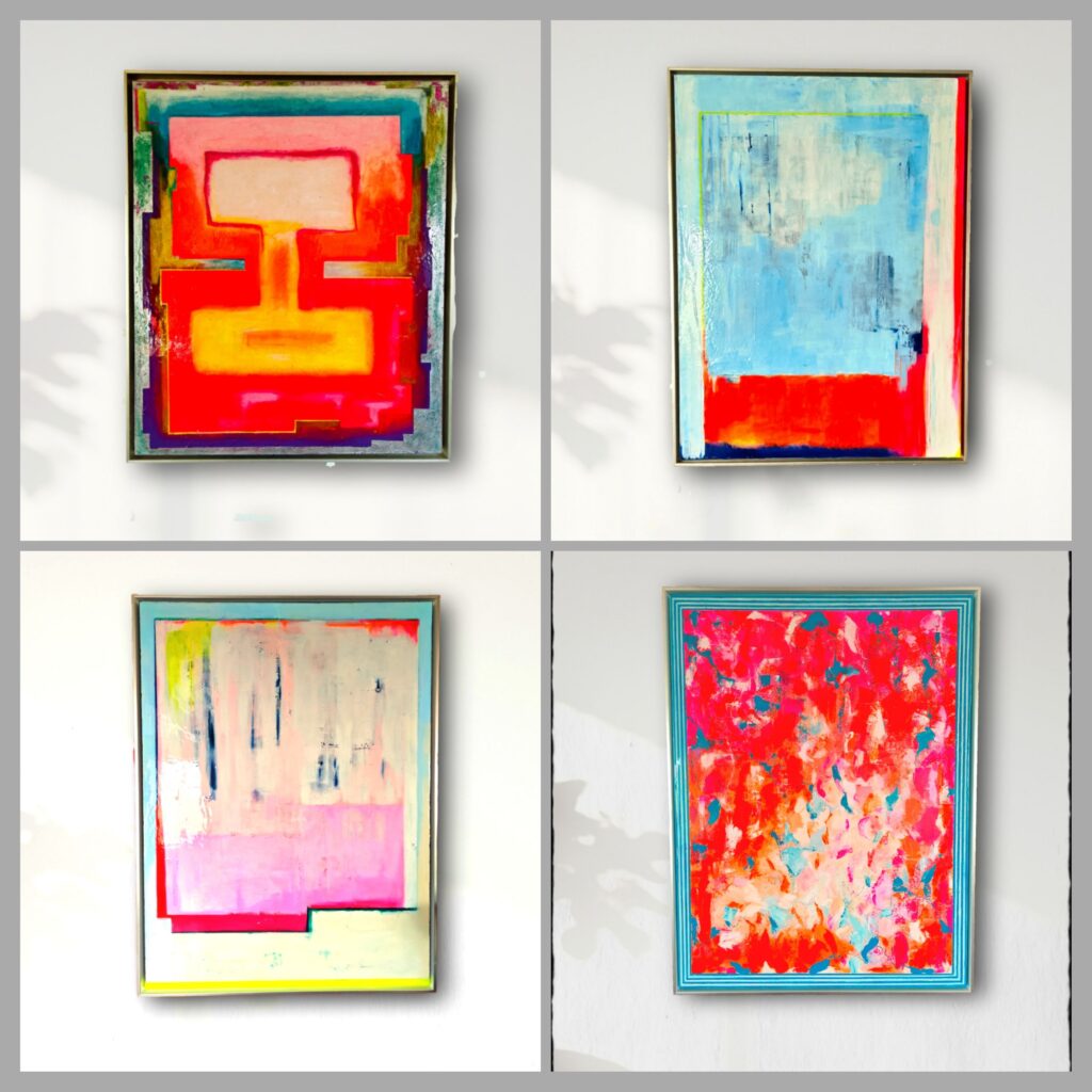 Collage met vier abstracte schilderijen van Ruud van Straten. De werken combineren levendige tinten rood, roze, turquoise, geel en blauw met geometrische vormen, transparante lagen en expressieve verftoetsen. De composities variëren van strak opgebouwde vlakken tot meer spontane abstracte structuren. Samen tonen de schilderijen een onderzoek naar kleur, ritme, balans en ruimtelijkheid binnen de hedendaagse abstracte kunst.