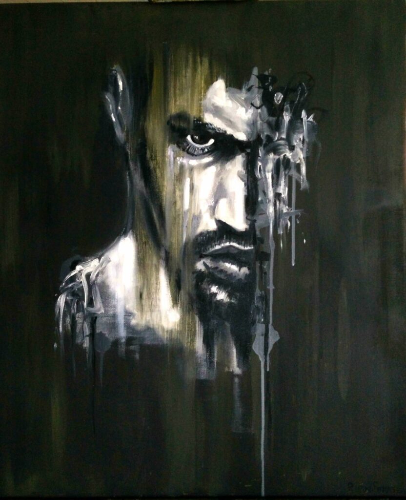 Expressief zwart-wit portretschilderij van een man, gecombineerd met interieurfoto van een tevreden kunstverzamelaar die het werk thuis heeft opgehangen.